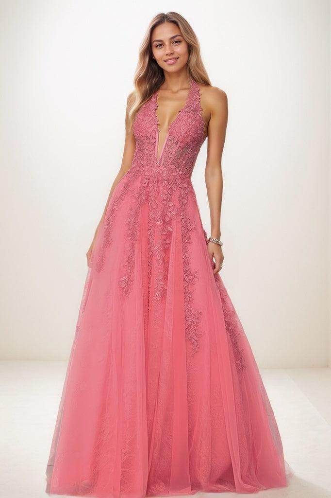 Shiny Halter Lace Illusion Corset A Line Sweep Prom Dresses CS0815 - COCOMELODY